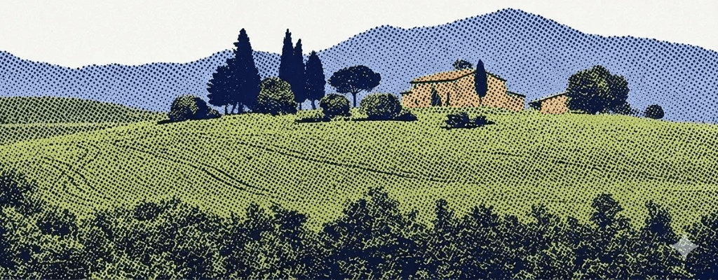 Rolling green hills with cypress trees and a Mediterranean villa